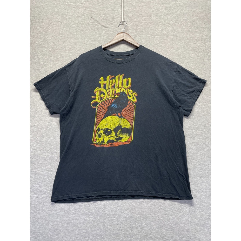 Hello Darkness T-Shirt Mens XL Black Skull & Crow Graphic Short Sleeve Crew Neck